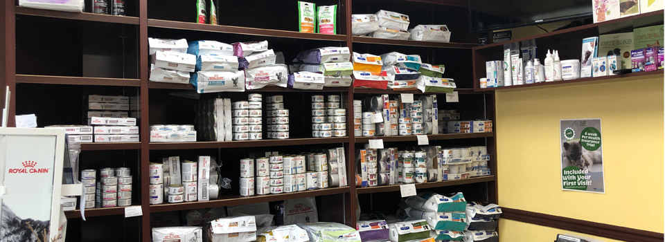 shelves of food and products at Lincoln Animal Hospital